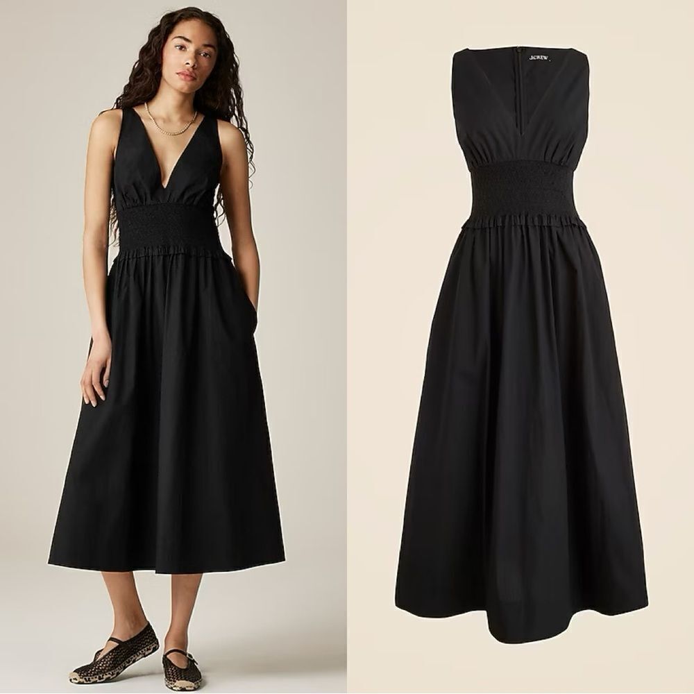 NWT J CREW Plunge smocked-waist dress in cotton poplin in black